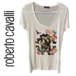 Roberto Cavalli White Scoop Neck Tee with Embroidered Floral RC Motif